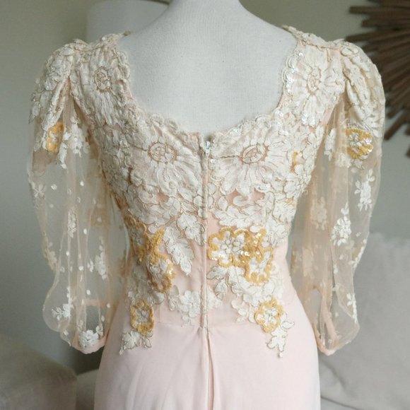 Vtg Judy Hornby Silk and Lace Applique Tiered Maxi Gown - Picture 7 of 12